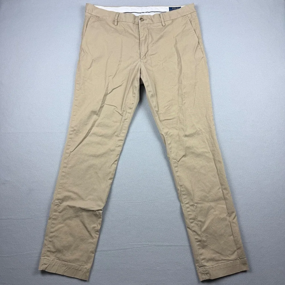 Polo Ralph Lauren Men's 36x34 Tan Stretch Slim Fit Twill Chino Pants Flat Front
